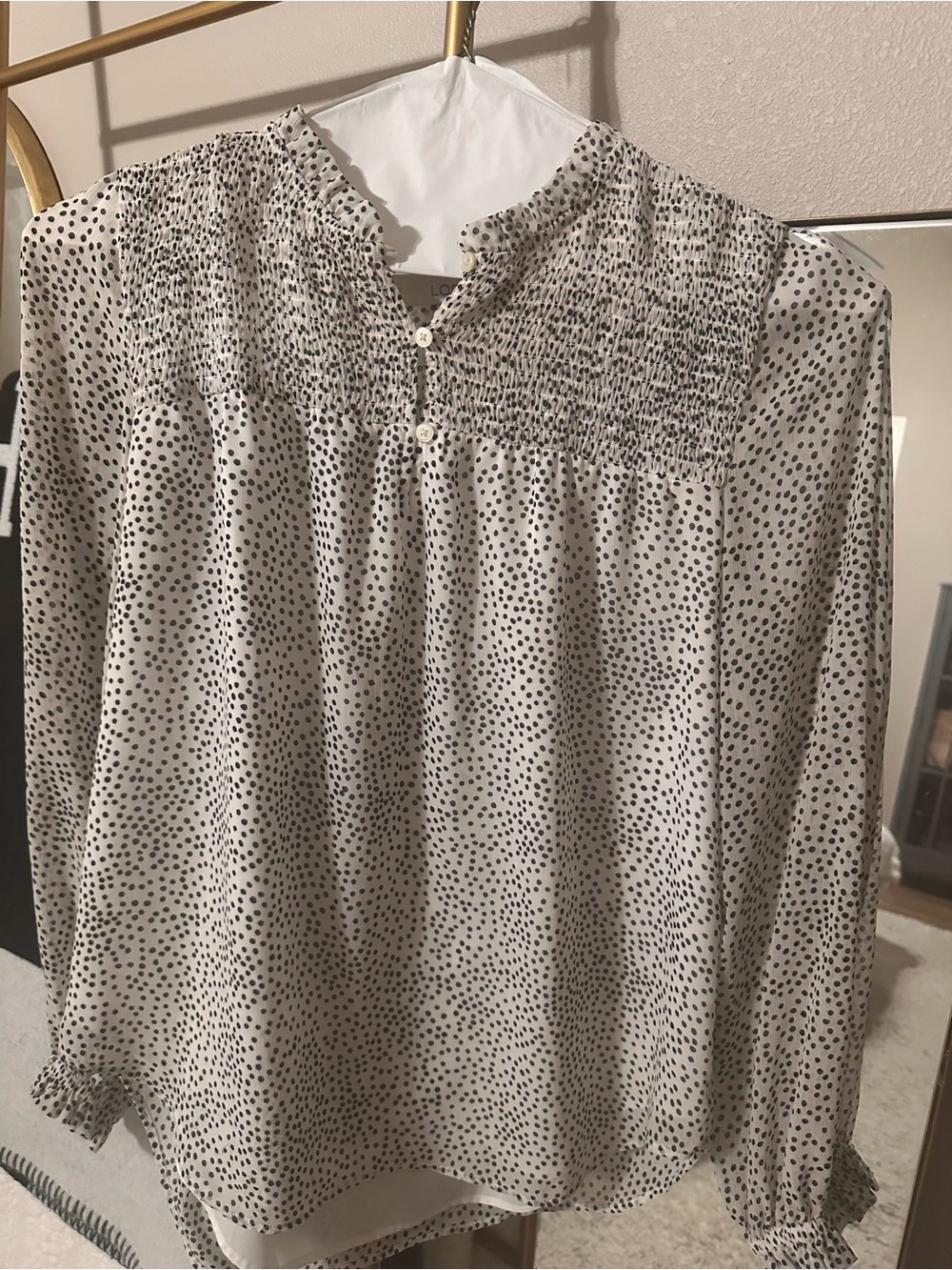 LOFT Cream Blouse with Black Polka Dots and Smocked Yoke